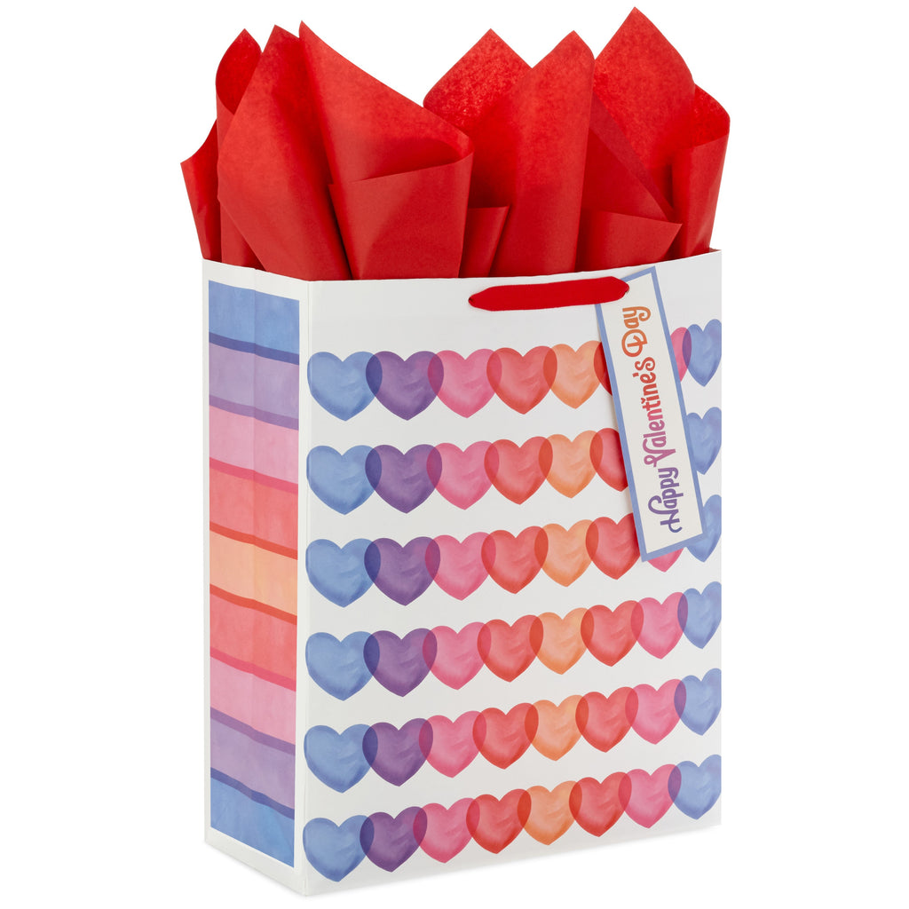 Hallmark Valentine's Day 15" Extra Large Gift Bag with Tissue Paper (Hearts, Blue, Purple, Pink, Red, Orange) for Kids, Teachers, Husband, Wife, Grandchildren