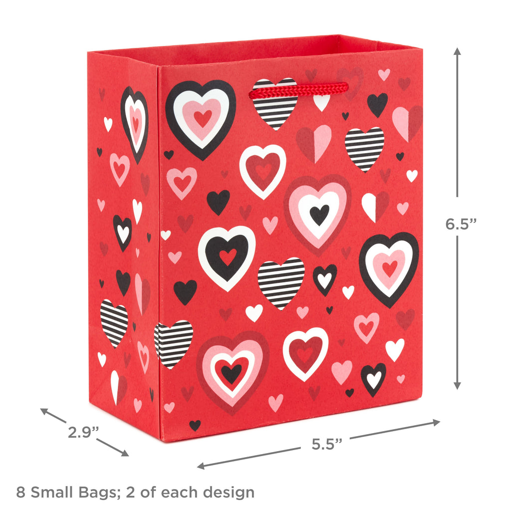 Hallmark 6" Small Valentine's Day Gift Bags (8 Bags, 4 Designs: Hearts, Rainbows, Pug Puppy) for Kids, Classroom Parties, Galentines Day
