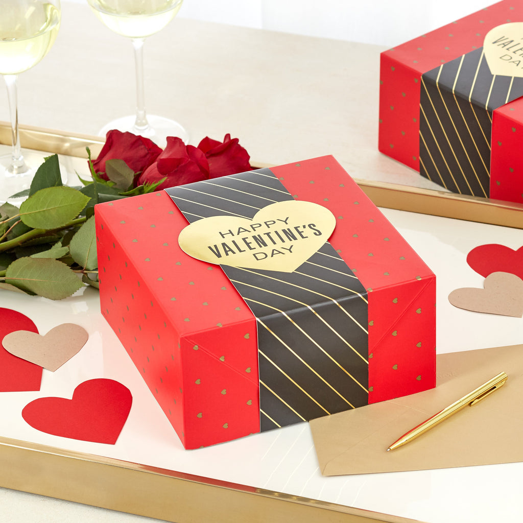Hallmark 8" Medium Valentine's Day Gift Boxes (Pack of 2: Red with Black and Gold Wrap Band) for Jewelry, Wrapped Candy, Small Toys, Gift Cards